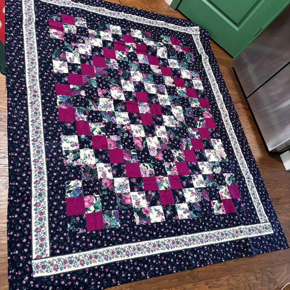 Handmade Floral Quilt Navy Blue Purple Dark Floral 68